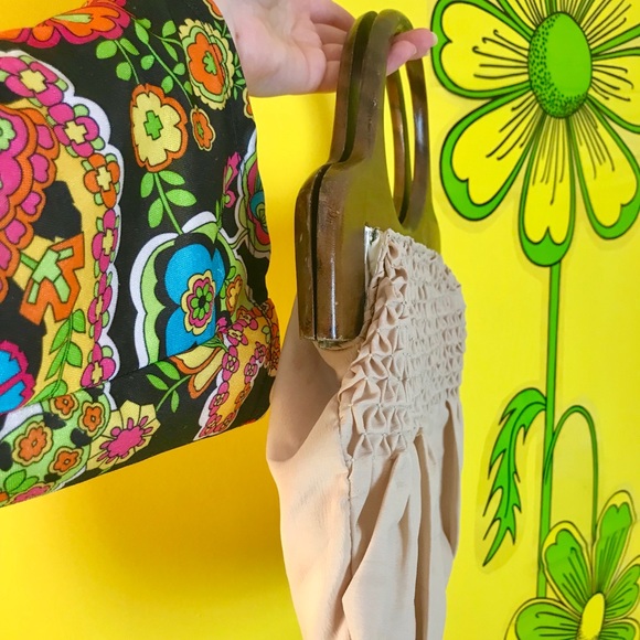 Vintage 70s Bermuda bag purse wooden top handles - Picture 4 of 6